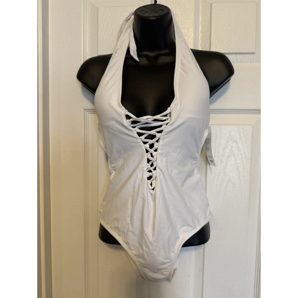 White Lace Up Bathing Suit Halter  Swimsuit OnePiece size 8 Large Ashley Graham